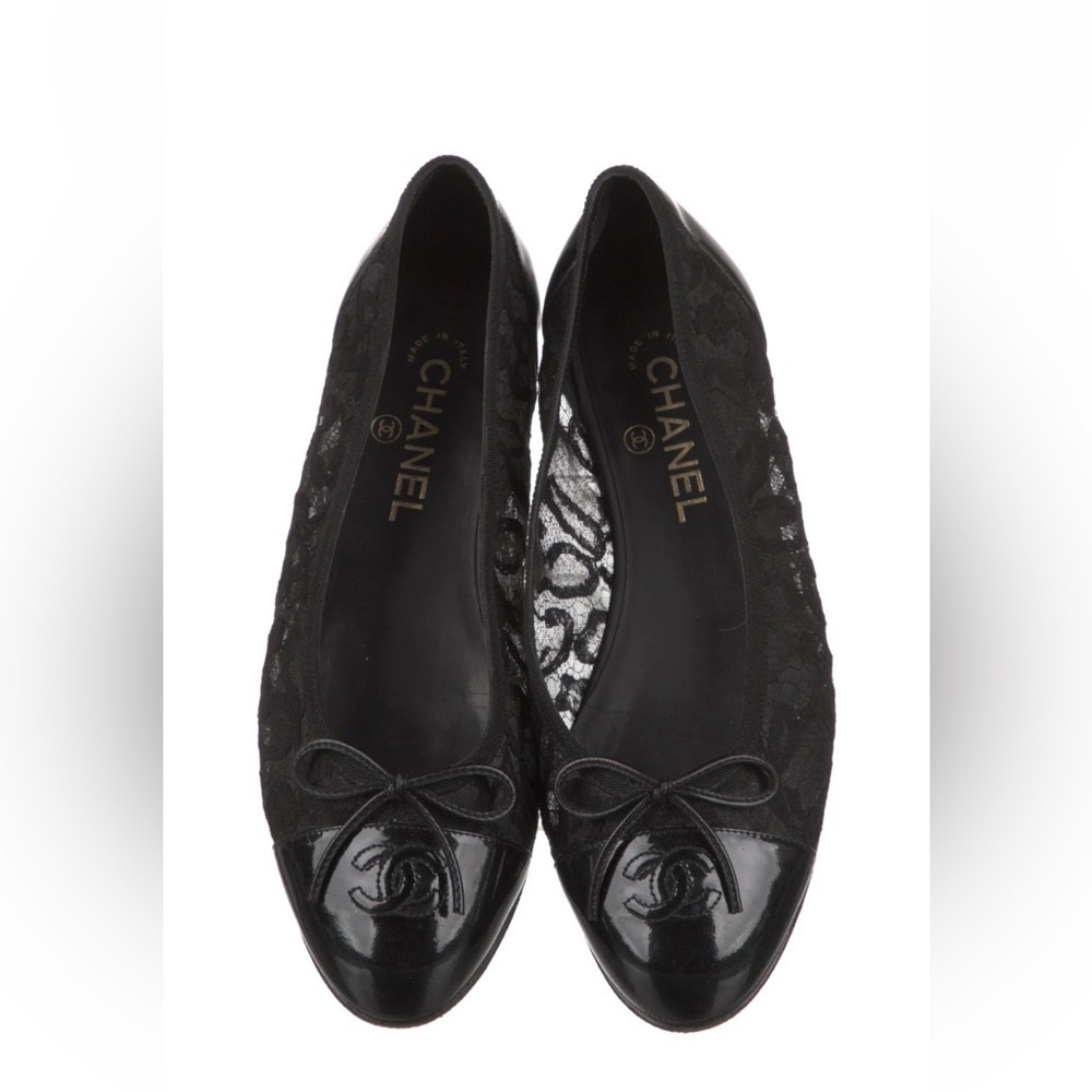 Black Chanel Patent and Lace Ballet Flats